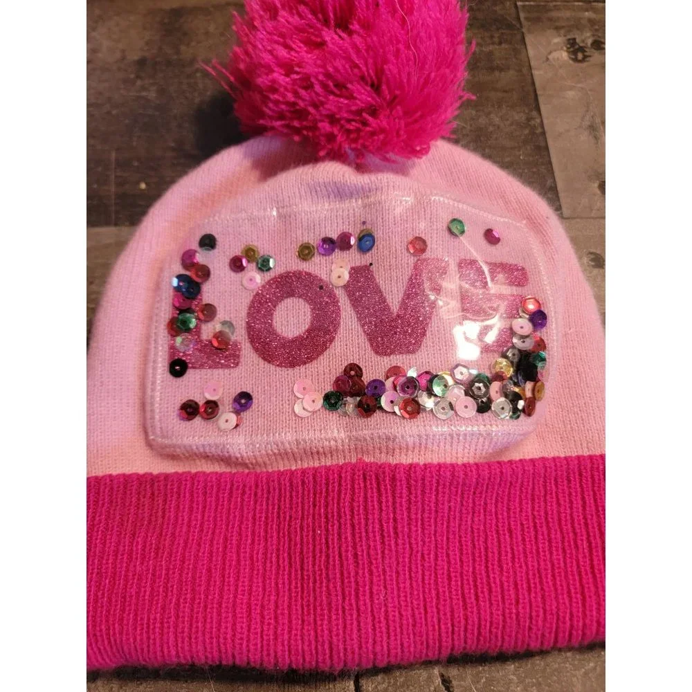 Pink winter hair love sequin‎ hat pom pom